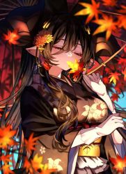 Rule 34 | 1girl, alternate costume, animal ears, autumn leaves, blush, breasts, brown hair, closed eyes, galleon (granblue fantasy), granblue fantasy, japanese clothes, kimono, large breasts, leaf, long hair, maple leaf, pointy ears, signature, solo, very long hair, yoake