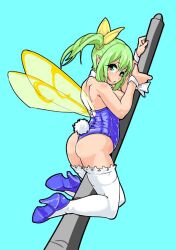 Rule 34 | 1girl, blue leotard, breasts, commentary request, daiyousei, fairy wings, fake tail, green eyes, green hair, hair ribbon, high heels, large breasts, leotard, mersoleil03, nontraditional playboy bunny, rabbit tail, ribbon, side ponytail, solo, tail, thighhighs, thong leotard, touhou, white thighhighs, wings, wrist cuffs