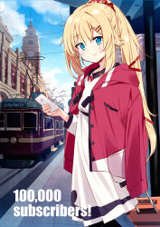Rule 34 | 1girl, absurdres, akai haato, akai haato (casual), australia, bad id, bad pixiv id, black pantyhose, blonde hair, blue eyes, blue sky, blush, cellphone, clock, clock tower, closed mouth, cloud, commentary request, cowboy shot, day, dress, hair between eyes, hair ornament, hair ribbon, hair scrunchie, heart, heart hair ornament, highres, holding, holding phone, hololive, jacket, jacket on shoulders, long hair, long sleeves, looking at viewer, luggage, milestone celebration, mousou (mousou temporary), outdoors, pantyhose, phone, ponytail, red jacket, red ribbon, ribbon, scrunchie, sky, smartphone, smile, solo, streetcar, suitcase, tower, virtual youtuber, white dress