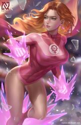 Rule 34 | 1girl, absurdres, aqua eyes, artist name, atom eve, bare legs, blurry, blurry background, boots, breasts, covered navel, earrings, feet out of frame, glass shards, glint, highres, invincible (series), jewelry, large breasts, leotard, long hair, nopeys, orange hair, parted lips, pink footwear, pink leotard, print leotard, shadow, smile, solo, superhero costume, watermark, web address