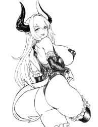 Rule 34 | 1girl, :d, ass, bare shoulders, blush, breasts, cattleya (houtengeki), covered erect nipples, cropped legs, demon girl, demon horns, demon tail, detached sleeves, fang, frilled thighhighs, frills, from behind, greyscale, hair between eyes, hair intakes, highres, horns, houtengeki, huge breasts, leotard, long hair, long sleeves, looking at viewer, looking back, monochrome, open mouth, original, pasties, pointy ears, simple background, smile, solo, tail, thighhighs, white background