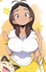 Rule 34 | 1girl, alola mother, antenna hair, artist name, bag, black-framed eyewear, blush, bracelet, breasts, brown eyes, brown hair, clenched hand, closed mouth, collarbone, commentary, creatures (company), game freak, gen 1 pokemon, hands up, highres, jellcaps, jewelry, large breasts, long hair, looking at viewer, mature female, meowth, mother (pokemon), nintendo, pokemon, pokemon (creature), pokemon sm, shirt, short sleeves, signature, skirt, smile, sunglasses, white bag, white shirt, yellow skirt