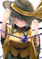 Rule 34 | 1girl, absurdres, black hat, blouse, blush, breasts, closed mouth, covering one eye, eyeball, frilled shirt collar, frilled sleeves, frills, green eyes, green hair, green skirt, hand on headwear, hat, hat ribbon, highres, komeiji koishi, large breasts, long sleeves, looking at viewer, mahoro (minase mahoro), medium hair, pout, ribbon, shirt, simple background, skirt, solo, third eye, touhou, white background, wide sleeves, yellow ribbon, yellow shirt