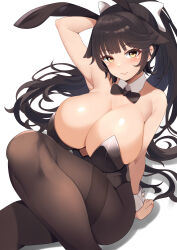 Rule 34 | 1girl, absurdres, alternate costume, animal ears, arm support, arm up, armpits, azur lane, bare shoulders, black hair, black leotard, black pantyhose, bow, bowtie, breasts, detached collar, extra ears, fake animal ears, hair bow, hair ears, hair flaps, highres, huge breasts, igarashi gozo, knee up, leotard, pantyhose, playboy bunny, ponytail, rabbit ears, ribbon, sitting, smile, strapless, strapless leotard, takao (azur lane), traditional bowtie, white background, white ribbon, wrist cuffs