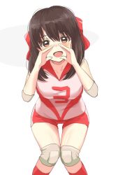 Rule 34 | 1022 deadly, 1girl, blush, brown eyes, brown hair, girls und panzer, hand to own mouth, headband, knee pads, kneehighs, kondou taeko, leaning forward, looking at viewer, open mouth, red headband, red shorts, red socks, shirt, short hair, short shorts, shorts, shouting, sleeveless, sleeveless shirt, socks, solo, sportswear, thigh gap, thighs, volleyball uniform, white shirt
