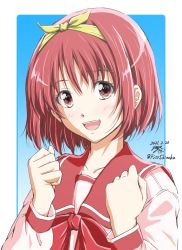 Rule 34 | 1girl, :d, arms up, blue background, clenched hands, collarbone, commentary request, dated, hair ribbon, head tilt, highres, kamigishi akari, light blush, long sleeves, looking at viewer, neckerchief, open mouth, partial commentary, pink shirt, red eyes, red hair, red neckerchief, red sailor collar, ribbon, sailor collar, school uniform, serafuku, shino-puchihebi, shirt, short hair, signature, sleeve cuffs, smile, solo, teeth, to heart, to heart (series), twitter username, upper body, upper teeth only, yellow ribbon