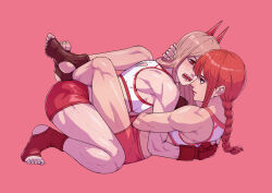 Rule 34 | 2girls, absurdres, bare arms, bare legs, bare shoulders, blonde hair, braid, chainsaw man, cirenk, fingerless gloves, gloves, hand on another&#039;s head, highres, long hair, makima (chainsaw man), mixed martial arts, mma gloves, multiple girls, muscular, muscular female, pink background, power (chainsaw man), red eyes, red hair, sharp teeth, teeth, wrestling, wrestling outfit, yellow eyes