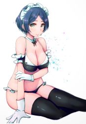 Rule 34 | 10s, 1girl, arm garter, arm support, bare shoulders, bikini, black bra, black hair, black panties, black thighhighs, bra, breasts, cleavage, closed mouth, collarbone, detached collar, eyebrows, eyelashes, frills, gloves, groin, hand on own arm, hayami kanade, idolmaster, idolmaster cinderella girls, large breasts, looking at viewer, maid, maid bikini, maid headdress, neck ribbon, panties, parted bangs, ribbon, ryuu., shade, short hair, sitting, smile, solo, stomach, swimsuit, thighhighs, unconventional maid, underwear, white gloves, yellow eyes
