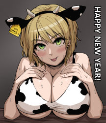 Rule 34 | 1girl, :p, absurdres, animal ears, animal print, blonde hair, blush, breast rest, breasts, chinese zodiac, cow ears, cow girl, cow horns, cow print, crop top, ear tag, english text, fake animal ears, gigle, green eyes, happy new year, highres, horns, huge breasts, looking at viewer, mole, mole on breast, mole under eye, new year, original, short hair, solo, sweat, tongue, tongue out, underboob, year of the ox