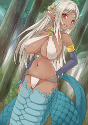 Rule 34 | 1girl, bikini, blush, breasts, dark-skinned female, dark skin, detached sleeves, dutch angle, forest, horns, lamia, large breasts, long hair, looking at viewer, mokkosu., monster girl, nature, navel, o-ring, o-ring top, open mouth, original, pointy ears, red eyes, smile, solo, swimsuit, tree, white bikini, white hair