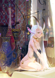 Rule 34 | 1girl, animal ears, bare arms, bare legs, bare shoulders, barefoot, breasts, choker, cleavage, closed mouth, collarbone, day, earrings, full body, green eyes, horns, indoors, jewelry, karasu-san (syh3iua83), lens flare, light particles, long hair, looking at viewer, medium breasts, navel, original, pillar, pink lips, seiza, sitting, smile, solo, stomach, sunlight, v arms, vase, very long hair, white hair
