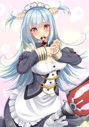 Rule 34 | 1girl, aqua hair, azur lane, bare shoulders, blue hair, blush, breasts, checkerboard cookie, clam shell, cleavage, commission, cookie, detached collar, dress, food, frilled dress, frills, gekato, heart, heart-shaped pupils, highres, large breasts, maid, maid headdress, neptune (azur lane), penetration gesture, shell hair ornament, skeb commission, solo, symbol-shaped pupils, yellow eyes
