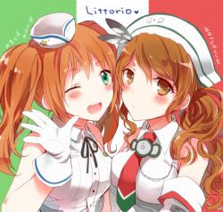 Rule 34 | 10s, 2girls, :d, bandaid, bare shoulders, blush, borrowed character, breast press, brown eyes, brown hair, character name, copyright name, detached sleeves, gloves, green eyes, hair ornament, hat, headdress, ia (namaiki), italian flag, kantai collection, littorio (kancolle), looking at viewer, mini hat, multiple girls, necktie, one eye closed, open mouth, original, ponytail, rm littorio, simple background, smile, symmetrical docking, twintails, upper body, wavy mouth, white gloves