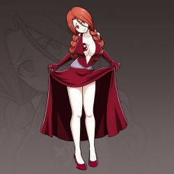 Rule 34 | 1girl, absurdres, breasts, dress, fairy tail, flare corona, highres, large breasts, lifting own clothes, long hair, red dress, red eyes, red hair