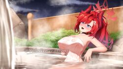 Rule 34 | 1girl, black choker, blue archive, blue eyes, blush, breasts, choker, covering privates, demon horns, fang, halo, hand on own chest, highres, horns, huge breasts, large breasts, megu (blue archive), night, nude, nude cover, onsen, outdoors, partially submerged, red hair, red horns, skin fang, solo, wet towel, yolo generations