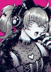 Rule 34 | 1girl, ahoge, animal ear headphones, animal ears, bad id, bad twitter id, bang dream!, cat ear headphones, chromatic aberration, collar, fake animal ears, fingerless gloves, gloves, greyscale with colored background, hair between eyes, hand up, headphones, heart, long hair, looking at viewer, nail polish, open mouth, pink background, see-through, see-through shirt, shiontaso, solo, tamade chiyu, tongue, tongue out, upper body