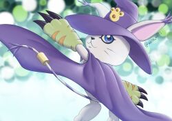 Rule 34 | absurdres, animal ears, animal hands, blue eyes, cape, cat, cat ears, cosplay, digimon, digimon (creature), digimon adventure, gloves, hat, highres, paw gloves, tail, tailmon, twitter username, wata neji, white fur, wizard hat, wizarmon, wizarmon (cosplay)