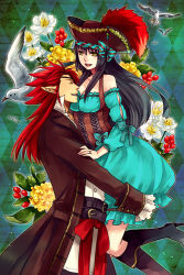 Rule 34 | 1boy, 1girl, bare shoulders, belt, bird, black hair, boots, bow, breasts, carrying, cleavage, closed eyes, corset, couple, detached sleeves, dress, flower, hat, hetero, high heel boots, high heels, juju (mayamaya), long coat, long hair, original, pirate, pirate hat, pointy ears, profile, red hair, seagull, shoes, yellow eyes