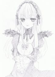 Rule 34 | 00s, 1girl, blunt bangs, crossed arms, frilled sleeves, frills, graphite (medium), hairband, koshka (raymie), light smile, long hair, long sleeves, mini wings, monochrome, puffy long sleeves, puffy sleeves, rozen maiden, slit pupils, solo, suigintou, traditional media, wide sleeves, wings