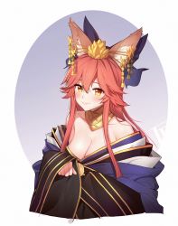 Rule 34 | 10s, 1girl, absurdres, animal ears, bad id, bad twitter id, breasts, cleavage, fate/extra, fate (series), fox ears, fpanda, highres, large breasts, official alternate costume, pink hair, tamamo (fate), tamamo no mae (fate/extra), tamamo no mae (third ascension) (fate), yellow eyes
