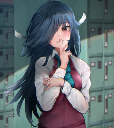 Rule 34 | 1girl, aqua bow, aqua bowtie, black hair, bow, bowtie, breasts, brown eyes, dress, finger to mouth, hair over one eye, hayashimo (kancolle), hime cut, index finger raised, kantai collection, long hair, long sleeves, mani oniniku, medium breasts, purple dress, school uniform, shirt, sleeveless, sleeveless dress, solo, upper body, very long hair, white shirt