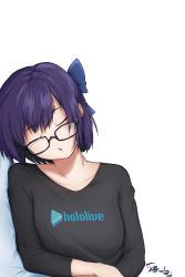 Rule 34 | 1girl, a-chan (hololive), asamichiiart, black-framed eyewear, blue bow, bow, commentary request, closed eyes, glasses, hair bow, highres, hololive, lying, on side, purple hair, short hair, simple background, sleeping, virtual youtuber, white background