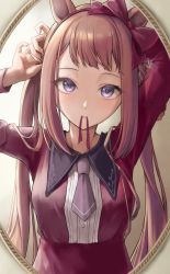 Rule 34 | 1girl, absurdres, adjusting hair, animal ears, arms up, brown hair, commentary, highres, horse ears, horse girl, huziko32, long hair, long sleeves, mirror, mouth hold, necktie, purple eyes, reflection, ribbon, ribbon in mouth, solo, sweep tosho (umamusume), tying hair, umamusume, upper body