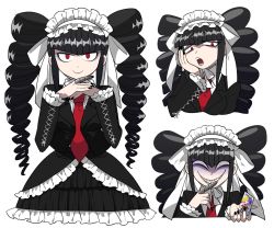 Rule 34 | 1girl, bad id, bad twitter id, black hair, bonnet, card, celestia ludenberg, claw ring, commentary request, danganronpa: trigger happy havoc, danganronpa (series), dress, drill hair, evil smile, frills, furukawa (yomawari), gothic lolita, grin, hairband, highres, jewelry, lolita fashion, long hair, long sleeves, looking at viewer, multiple views, necktie, open mouth, pale skin, playing card, red eyes, red neckwear, shaded face, simple background, smile, teeth, twin drills, twintails, white background