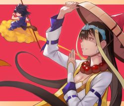 Rule 34 | absurdres, ajirogasa, bead necklace, beads, black hair, breasts, cleavage, cloud, crossover, dragon ball, earrings, fate/grand order, fate (series), flying nimbus, hat, highres, hoop earrings, jewelry, long hair, monkey tail, necklace, red background, ruyi jingu bang, son goku, staff, tail, xuangzang sanzang (fate), yoshio (55level)