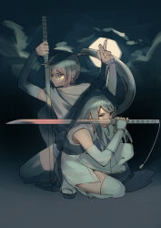 Rule 34 | 2girls, arm up, arms up, black hair, black thighhighs, bukimi isan, elbow gloves, gloves, grey gloves, grey thighhighs, highres, holding, holding sword, holding weapon, japanese clothes, katana, long hair, moon, mouth hold, multiple girls, night, outdoors, ponytail, sandals, shy (series), siblings, sisters, sword, tennouji ai (shy), tennouji mai (shy), thighhighs, unfinished, weapon