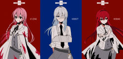 Rule 34 | 3girls, arm sling, black jacket, black necktie, black ribbon, blouse, blue background, blue eyes, blue hair, braid, cast, chihuri, closed mouth, collared shirt, crossed arms, eyepatch, gradient hair, grey hair, grey skirt, grey vest, hair between eyes, hair intakes, highres, jacket, long hair, looking at viewer, looking away, medical eyepatch, multicolored hair, multiple girls, neck ribbon, necktie, open clothes, open jacket, original, pink hair, red background, red eyes, red hair, ribbon, shirt, short sleeves, skirt, smile, twin braids, two-tone background, very long hair, vest, white shirt
