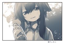 Rule 34 | 1girl, blush, bottle, collared shirt, commentary request, dress shirt, greyscale, hair between eyes, head tilt, holding, holding bottle, long hair, looking at viewer, monochrome, natsuki teru, original, parted lips, shikibe ayaka, shirt, solo, sweat, translation request, upper body, water bottle