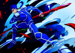 Rule 34 | 1boy, blue hair, cu chulainn (fate), earrings, fate/stay night, fate (series), gae bolg (fate), jewelry, kon manatsu, cu chulainn (fate/stay night), long hair, male focus, polearm, ponytail, red eyes, sexy44, solo, spear, weapon