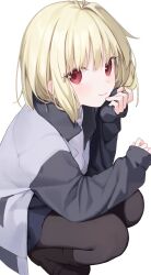 Rule 34 | 1girl, antenna hair, arcueid brunestud, black footwear, black pantyhose, blonde hair, boots, borrowed clothes, closed mouth, highres, jacket, kashuu (pixiv 66328082), long sleeves, looking at viewer, open clothes, open jacket, pantyhose, red eyes, short hair, simple background, single hair intake, skirt, sleeves past wrists, smile, solo, squatting, sweater, tohno shiki, tsukihime, tsukihime (remake), turtleneck, turtleneck sweater, white background, white sweater