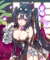 Rule 34 | 1girl, animal, animal ears, animal on head, bare shoulders, black cat, black hair, blush, breasts, cat, cat ears, cat on head, cleavage, dress, fang, frilled dress, frills, hattori masaki, highres, jewelry, large breasts, long hair, looking at viewer, on head, open mouth, purple eyes, sennen sensou aigis, smile, solo, twintails, very long hair
