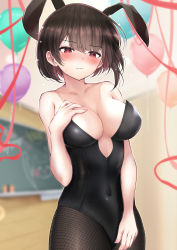 Rule 34 | 1girl, absurdres, animal ears, balloon, black hair, black leotard, blush, breasts, copyright request, covered navel, cowboy shot, extra ears, fake animal ears, hand on breast, highres, kazanock, large breasts, leotard, long hair, pantyhose, party, playboy bunny, rabbit ears, red eyes, short hair, solo, strapless, strapless leotard, streamers