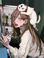 Rule 34 | + +, 1girl, animal, animal on head, bad id, bad twitter id, brown hair, cat, cat on head, chainsaw man, commentary, cross-shaped pupils, demon horns, english commentary, fangs, hair between eyes, highres, horns, indoors, juice box, leedare614, long hair, long sleeves, looking at viewer, meowy (chainsaw man), on head, open mouth, photo-referenced, power (chainsaw man), refrigerator, shirt, solo, squatting, surprised, sweatdrop, symbol-shaped pupils, teeth, tongue, upper body, white shirt, wide-eyed, yellow eyes