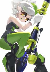 Rule 34 | + +, 1girl, ankle boots, bike shorts, black dress, black footwear, black shorts, boots, colored tongue, commentary, detached collar, dress, earrings, floating, food, food on head, gloves, gradient hair, green hair, green pantyhose, green tongue, half-closed eyes, hero charger (splatoon), highres, holding, holding weapon, inkling, jewelry, looking at viewer, marie (splatoon), mole, mole under eye, multicolored hair, nintendo, nomu (29 nom), object on head, pantyhose, pantyhose under shorts, parted lips, pointy ears, short dress, short eyebrows, short hair, shorts, shorts under dress, silver hair, smile, solo, splatoon (series), splatoon 1, strapless, strapless dress, swept bangs, tentacle hair, weapon, white gloves, yellow eyes