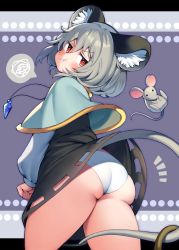 Rule 34 | 1girl, :t, animal, animal ear fluff, animal ears, ass, black dress, blush, capelet, clothes lift, dress, dress lift, from behind, grey capelet, grey hair, highres, iroyopon, long sleeves, looking at viewer, medium hair, mouse (animal), mouse ears, mouse tail, nazrin, panties, pout, red eyes, solo, spoken squiggle, squiggle, tail, touhou, underwear, wedgie, white panties