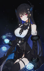 Rule 34 | 1girl, absurdres, asymmetrical horns, belt, black background, black belt, black dress, black hair, black thighhighs, blue flower, blue hair, breasts, clothing cutout, collared shirt, colored inner hair, dress, flower, highres, holding, holding flower, hololive, hololive english, horns, large breasts, long hair, looking at viewer, mole, mole under eye, multicolored hair, nerissa ravencroft, nerissa ravencroft (1st costume), o-ring, o-ring thigh strap, red eyes, ru yan, shirt, shoulder cutout, smile, solo, thigh strap, thighhighs, uneven horns, virtual youtuber, water, white shirt
