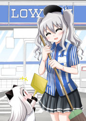 Rule 34 | +++, 10s, 2girls, :d, ^ ^, abyssal ship, arms up, beret, blush, brand name imitation, broom, closed eyes, colored skin, commentary request, contemporary, convenience store, covered mouth, curly hair, dustpan, employee uniform, hat, holding, holding dustpan, horns, kantai collection, kashima (kancolle), lawson, long hair, multiple girls, name tag, northern ocean princess, open mouth, pleated skirt, red eyes, shirt, shop, size difference, skirt, smile, striped clothes, striped shirt, twintails, uniform, vertical-striped clothes, vertical-striped shirt, white hair, white skin, yamato nadeshiko