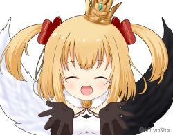 Rule 34 | 1girl, :d, ^ ^, asymmetrical wings, bare shoulders, black gloves, black wings, blonde hair, blush, bow, breasts, closed eyes, commentary request, crown, dress, elbow gloves, facing viewer, gloves, hair bow, marl (shironeko project), mini crown, mismatched wings, mitya, open mouth, red bow, shironeko project, simple background, small breasts, smile, solo, twitter username, two side up, upper body, white background, white dress, white wings, wings