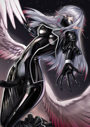 Rule 34 | 1futa, absurdres, black background, bodysuit, capelet, dress, erection, futanari, gloves, heterochromia, highres, latex, latex bodysuit, long hair, looking to the side, mask, original, outstretched arm, pale skin, penis, pointy ears, puffy sleeves, solo, tptgdt, very long hair, white hair, wide hips, wings