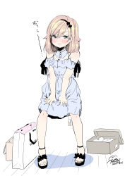 Rule 34 | 1girl, absurdres, bare shoulders, black bow, black hairband, blonde hair, blue dress, blush, bow, box, cardboard box, closed mouth, dated, dress, full body, geshumaro, grey eyes, hair bow, hairband, highres, looking at viewer, medium hair, original, price tag, signature, simple background, solo, standing, wavy mouth, white background