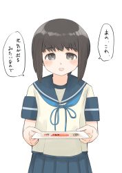 Rule 34 | 1girl, black eyes, black hair, blue sailor collar, blue skirt, commentary request, cowboy shot, fubuki (kancolle), highres, kantai collection, long hair, looking at viewer, low ponytail, paper, pleated skirt, ponytail, sailor collar, short ponytail, sidelocks, simple background, skirt, solo, toplow, translation request, white background