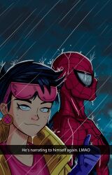 1boy 1girl black_hair glasses jacket jubilee looking_at_viewer marvel marvel_vs._capcom night night_sky peter_parker rain sky smile spider-man spider-man_(series) standing talking x-men