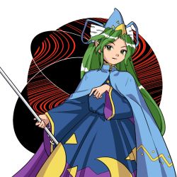 Rule 34 | 1girl, blue cape, blue dress, blue hat, blue ribbon, cape, chain, crescent print, dress, green eyes, green hair, hat, hat ribbon, high collar, holding, kaigen 1025, long hair, long sleeves, mima (touhou), pointy ears, ribbon, solo, sun print, touhou, touhou (pc-98), upper body, wide sleeves, wizard hat