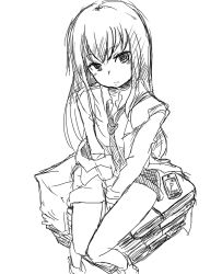 Rule 34 | 1girl, bare legs, between thighs, cellphone, female focus, frown, greyscale, kaprice, long hair, looking up, makise kurisu, monochrome, necktie, off shoulder, phone, shorts, sitting, sketch, solo, steins;gate, thighs, v arms, white background