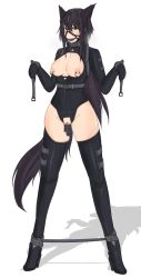 Rule 34 | 1girl, animal ears, ball gag, bdsm, black collar, black hair, black legwear, blush, bondage, bondage mittens, bondage outfit, bound, bound ankles, breastless clothes, breasts, breasts out, captive bead ring, clitoris piercing, clitoris ring, collar, commentary request, drooling, full body, gag, gagged, gatling raid, harness, high heels, highres, hobble, leash, legs apart, long hair, medium breasts, nipple piercing, nipple rings, nipples, original, piercing, purple eyes, pussy, pussy piercing, revealing clothes, saliva, saliva trail, shadow, sidelocks, simple background, slave, solo, standing, straitjacket, tail, uncensored, w arms, white background