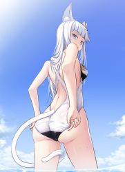 Rule 34 | 1girl, adjusting clothes, adjusting swimsuit, animal ears, arata, ass, back cutout, blue eyes, blue sky, blunt bangs, cat girl, clothing cutout, commentary request, cowboy shot, day, from behind, granblue fantasy, korwa, long hair, looking at viewer, looking back, one-piece swimsuit, outdoors, parted lips, silver hair, sky, solo, standing, swimsuit, tail, wading, water, wet, white one-piece swimsuit
